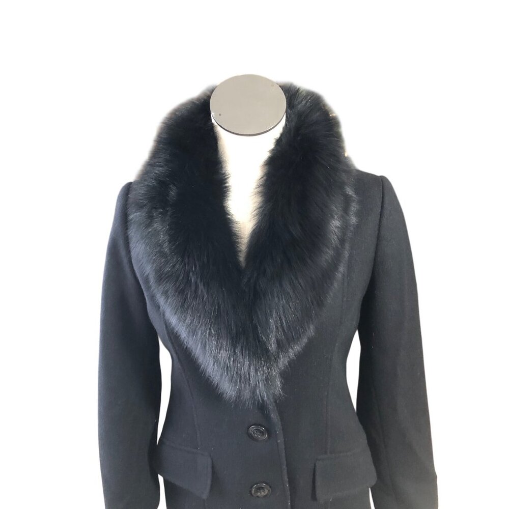 Sachi Coat Long Black Wool Cashmere Womens 2P Fox Fur Button Elegant Seams - Picture 6 of 16